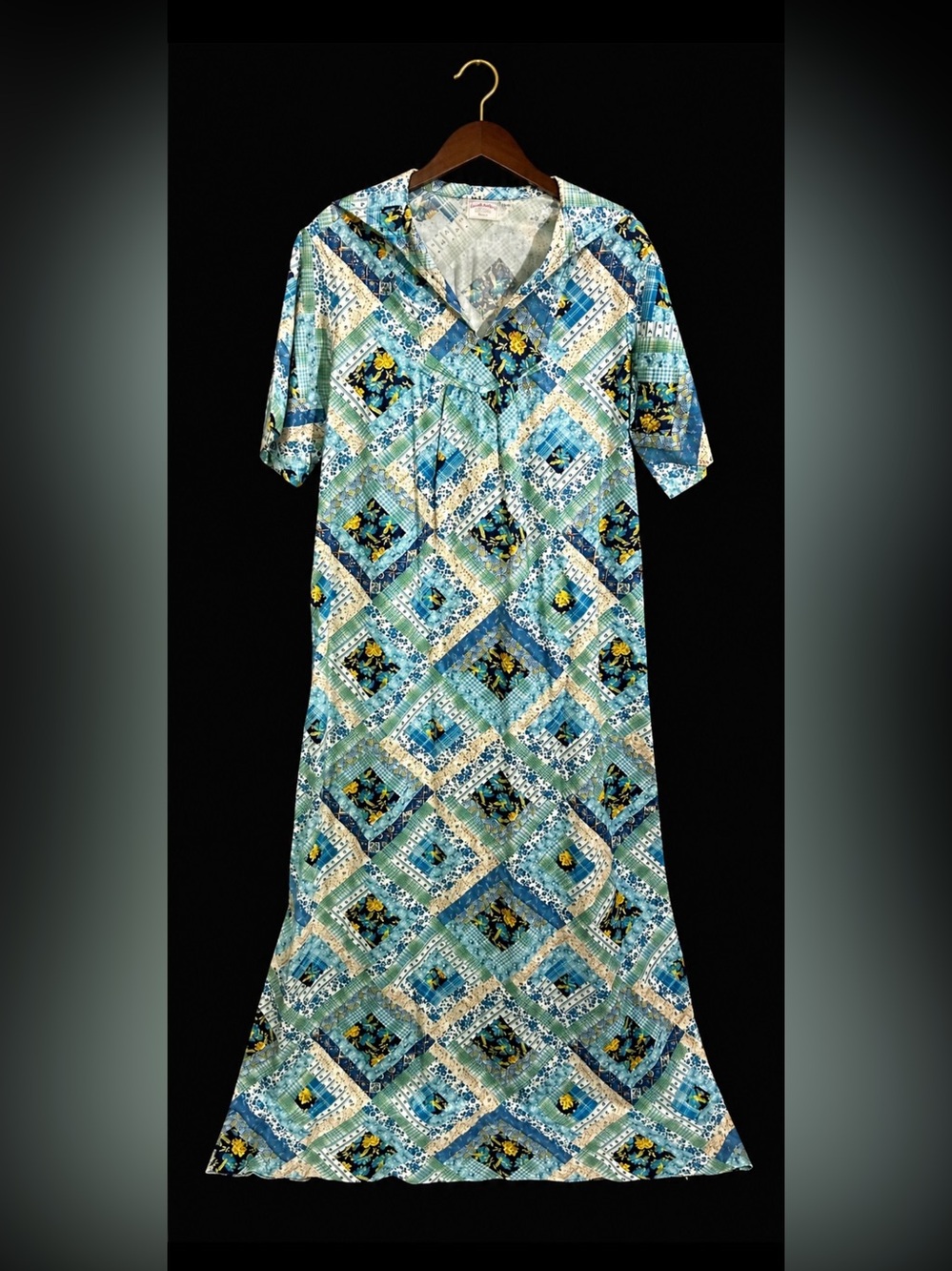Vintage Boho Patchwork Handmade Floral V-Neck Midi Maxi Dress W/Pockets